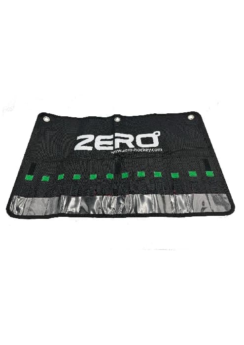 Black Zero blade pouch with 12 individual felt-lined slots, unrolled flat